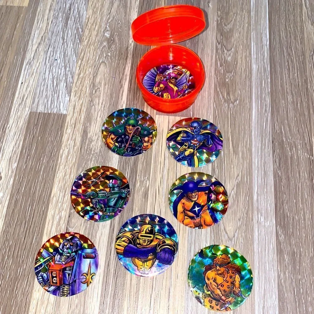Vintage pogs 90s milk caps shiny pogs action figures warriors super hero’s